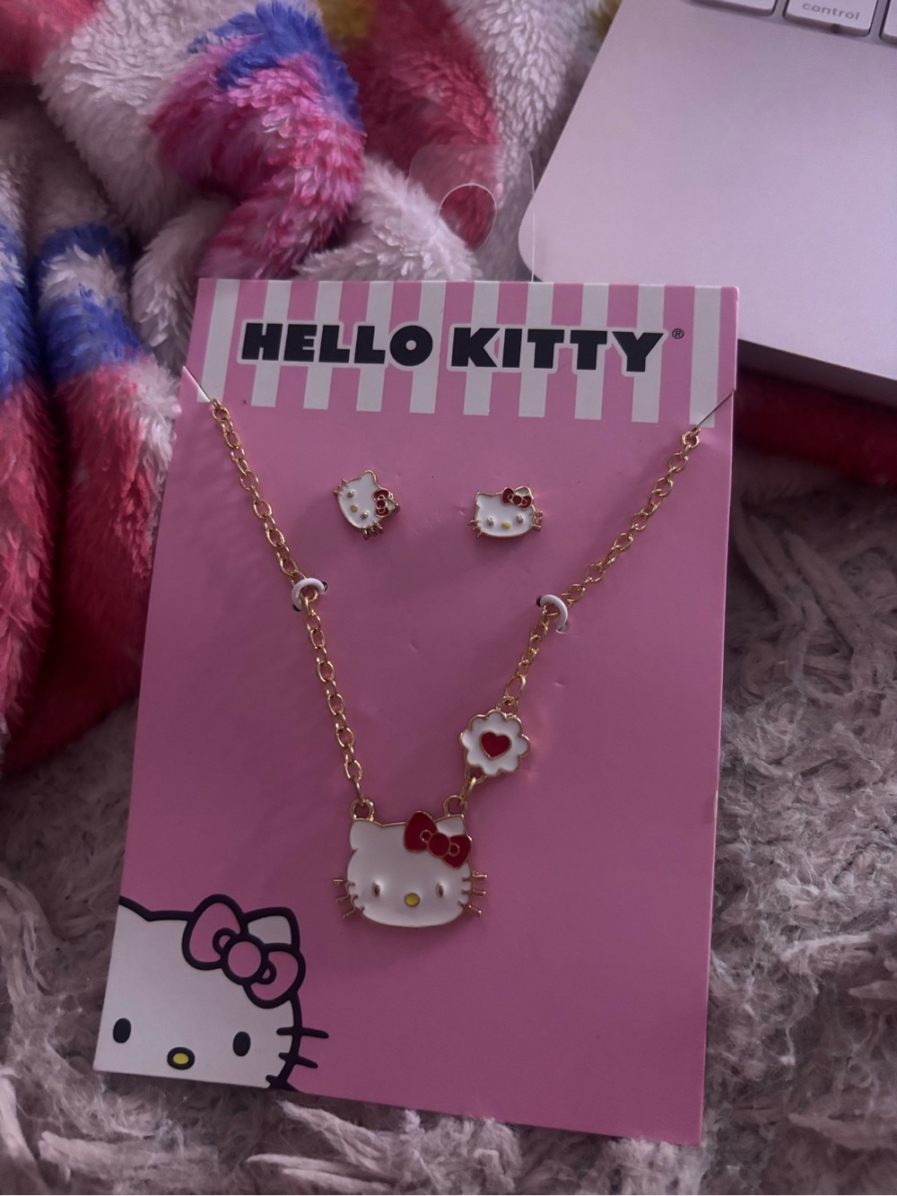 Hello Kitty Gold-Tone Necklace and Earring Set - White & Red